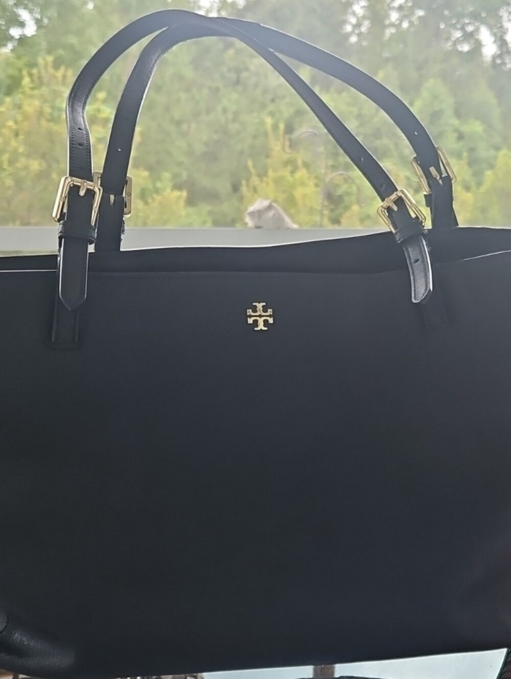 Tory Burch Black Tote with Gold Logo and Buckle Details